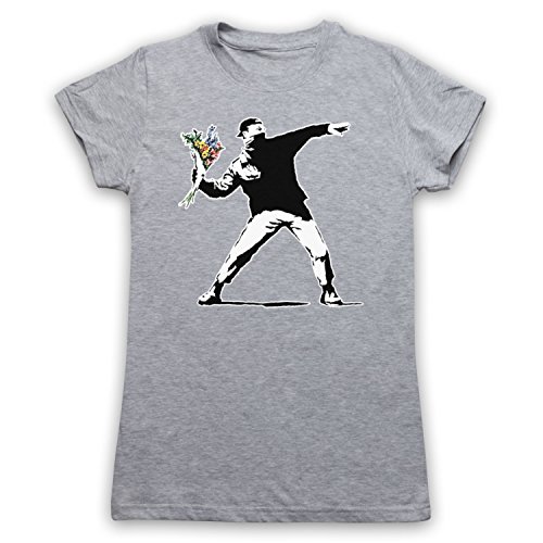 My Icon Art & Clothing Banksy Man Throwing Flowers Graffiti Street Art Damen T-Shirt, Grau, 2XL von My Icon Art & Clothing