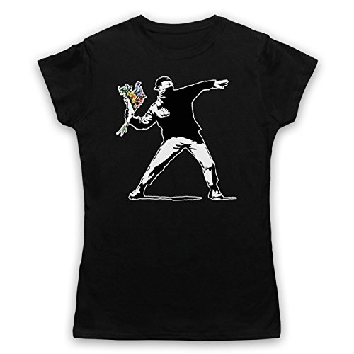 My Icon Art & Clothing Banksy Man Throwing Flowers Graffiti Street Art Damen T-Shirt, Schwarz, 2XL von My Icon Art & Clothing