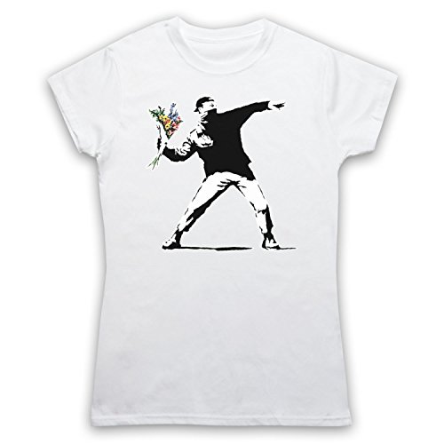 My Icon Art & Clothing Banksy Man Throwing Flowers Graffiti Street Art Damen T-Shirt, Weiß, 2XL von My Icon Art & Clothing