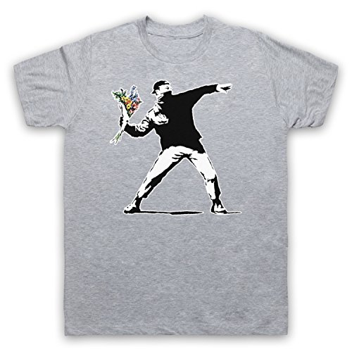 My Icon Art & Clothing Banksy Man Throwing Flowers Graffiti Street Art Herren T-Shirt, Grau, 2XL von My Icon Art & Clothing