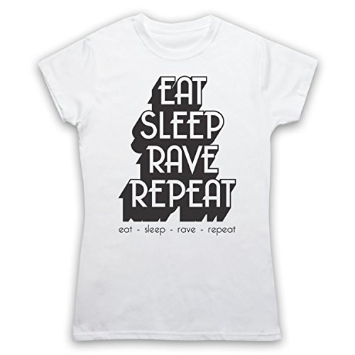 My Icon Art & Clothing Eat Sleep Rave Repeat Dance Music Slogan Damen T-Shirt, Weiß, Small von My Icon Art & Clothing