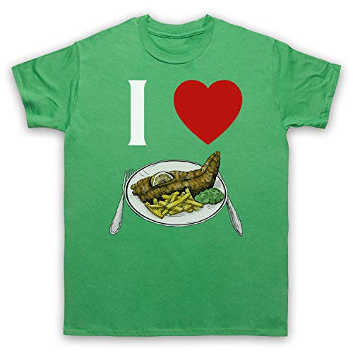 My Icon Art & Clothing I Love Fish and Chips Iconic British Dinner Herren T-Shirt, Grün, Small von My Icon Art & Clothing