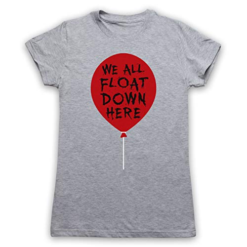 My Icon Art & Clothing IT We All Float Down Here Red Balloon Pennywise Clown Damen T-Shirt, Grau, Large von My Icon Art & Clothing