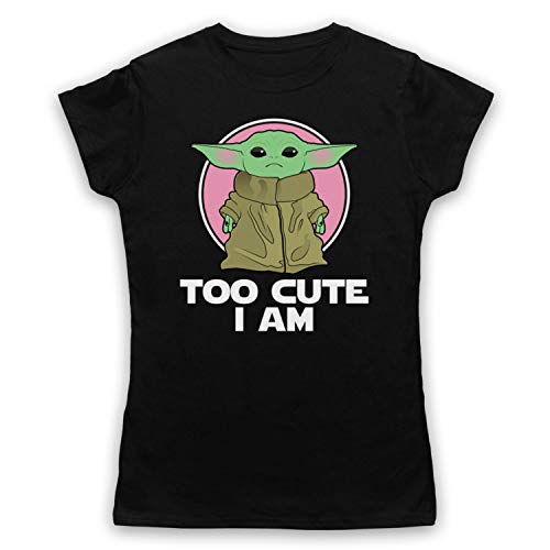 My Icon Art & Clothing Mandalor Star Baby Yoda Too Cute I Am Sci Fi Film Spinoff TV Damen T-Shirt, Schwarz, Small von My Icon Art & Clothing