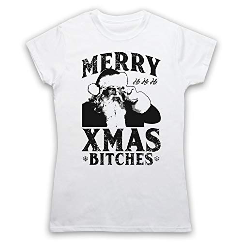 My Icon Art & Clothing Merry Xmas Bitches Funny Father Christmas Parody Damen T-Shirt, Weiß, Medium von My Icon Art & Clothing