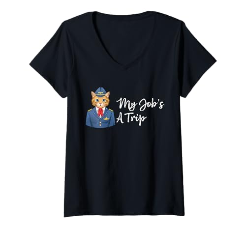 Damen Funny Cat Stewardess Flugbegleiter, Flugbegleiter, Flugzeugpilot T-Shirt mit V-Ausschnitt Damen Funny Cat Stewardess Flugbegleiter, Flugbegleiter, Flugzeugpilot T-Shirt mit V-Ausschnitt von My Job's A Trip