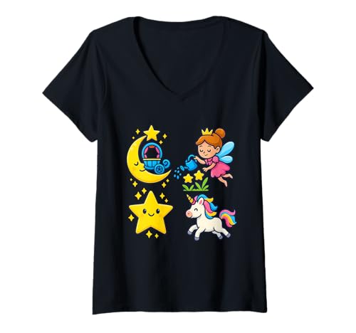 Damen Fee Einhorn Mond Stern Prinzessin Freude T-Shirt mit V-Ausschnitt Damen Fee Einhorn Mond Stern Prinzessin Freude T-Shirt mit V-Ausschnitt von My Magical Coloring Book by Fun Books Publishing