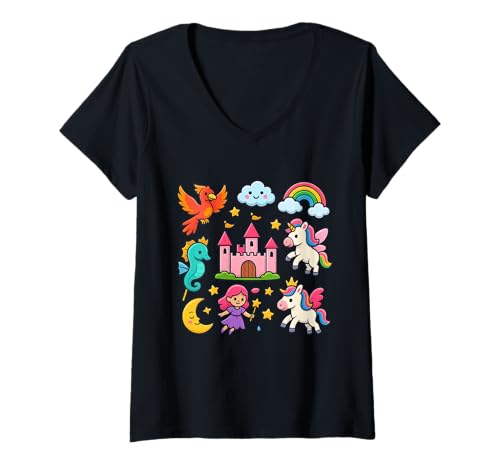 Damen Einhornschloss Rainbow Dreams Fantasy T-Shirt mit V-Ausschnitt Damen Einhornschloss Rainbow Dreams Fantasy T-Shirt mit V-Ausschnitt von My Magical Coloring by Fun Books Publishing
