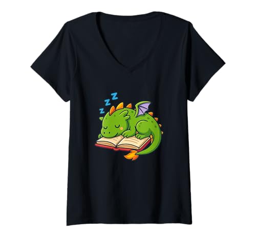 Damen Niedlicher schlafender Drache auf Buch T-Shirt mit V-Ausschnitt Damen Niedlicher schlafender Drache auf Buch T-Shirt mit V-Ausschnitt von My Magical Coloring by Fun Books Publishing