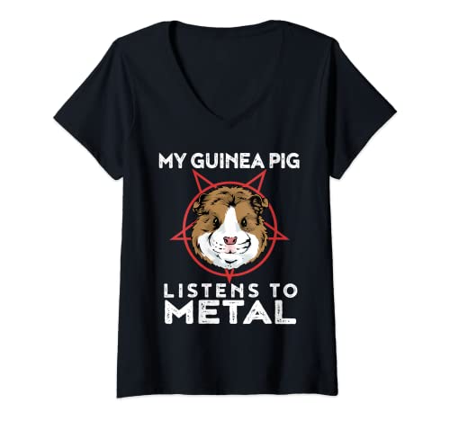 Damen Metall Meerschweinchen T-Shirt Funny Goth And Heavy Metal Animal T-Shirt mit V-Ausschnitt von My Pet Listens To Metal - Music Festival Apparel