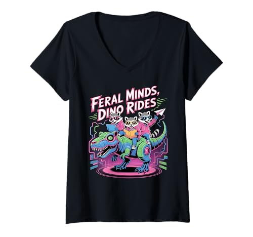Damen Feral Minds Raccoon Squad auf T-Rex Robotic Back to School T-Shirt mit V-Ausschnitt von My Raccoon apparel