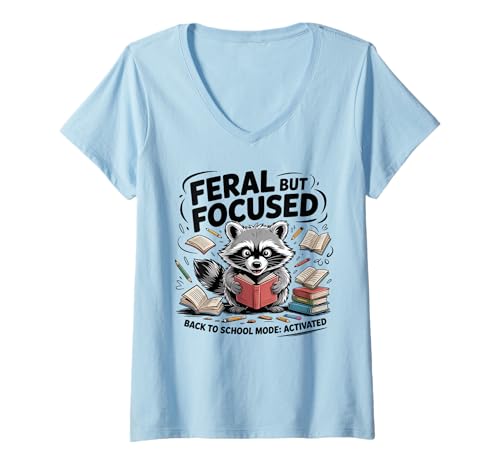 Damen Wilder, aber konzentrierter Waschbär, lustiger Schulanfang für Jungen, Lehrer T-Shirt mit V-Ausschnitt von My Raccoon apparel