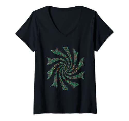 Damen Trippy Retro Abstraktes Muster Schwarz und Limettengrün T-Shirt mit V-Ausschnitt von My Rubio Garden Colorful Designs