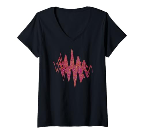 Damen Retro abstrakte magentafarbene orangefarbene Schnörkellinien T-Shirt mit V-Ausschnitt von My Rubio Garden