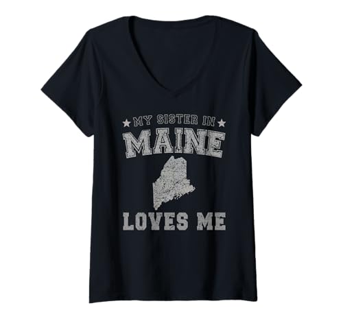 Damen Meine Schwester in Maine liebt Mich America Vintage State T-Shirt mit V-Ausschnitt von My Sister Loves Me US State Maine