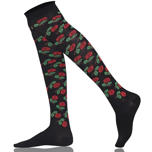 Mysocks Über das Knie Socken Blume Entwurf schwarz Base Burgund Rose von Mysocks