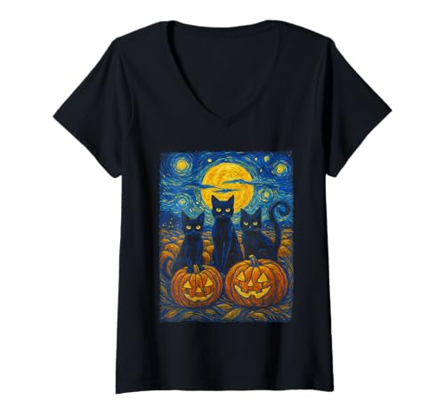Damen Halloween Black Cats Lover Starry Night Vincent Van Gogh Katze T-Shirt mit V-Ausschnitt Damen Halloween Black Cats Lover Starry Night Vincent Van Gogh Katze T-Shirt mit V-Ausschnitt von My Son In Law Is My Favorite Child Retro Dad
