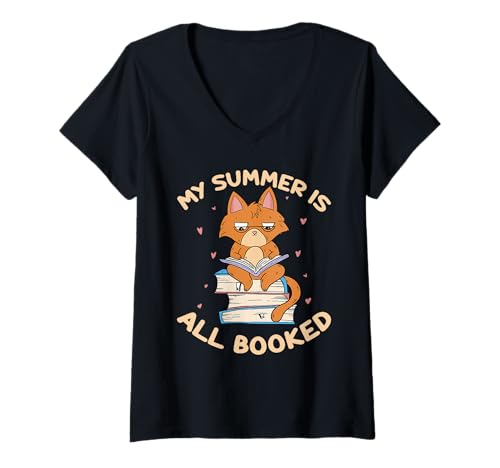 Damen My Summer Is All Booked Funny Bookworm Reading Gift T-Shirt mit V-Ausschnitt von My Summer Is All Booked Funny Reading Book Gift