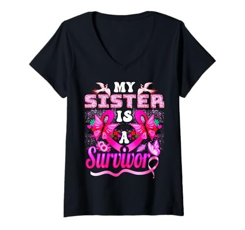 Damen My Sister is A Survivor Sonnenblume für Brustkrebs T-Shirt mit V-Ausschnitt Damen My Sister is A Survivor Sonnenblume für Brustkrebs T-Shirt mit V-Ausschnitt von My Survivor Breast Cancer Sunflower Tees