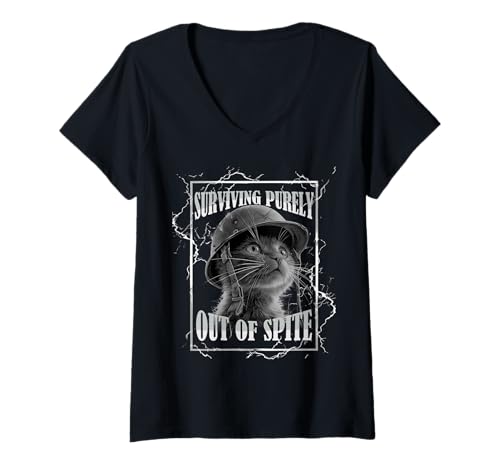 Damen Surviving Out of Spite Funny Cat Dramatic Lightning Band T-Shirt mit V-Ausschnitt Damen Surviving Out of Spite Funny Cat Dramatic Lightning Band T-Shirt mit V-Ausschnitt von My Tummy Hurts ADC