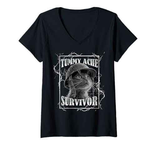 Damen Tummy Ache Survivor Funny Cat Dramatic Lightning Band T-Shirt mit V-Ausschnitt Damen Tummy Ache Survivor Funny Cat Dramatic Lightning Band T-Shirt mit V-Ausschnitt von My Tummy Hurts ADC