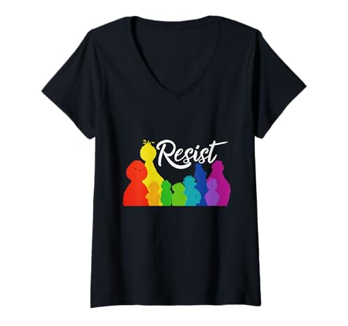 Damen Resist Save P.B.S, Grafik-T-Shirt mit Regenbogen-Silhouette T-Shirt mit V-Ausschnitt Damen Resist Save P.B.S, Grafik-T-Shirt mit Regenbogen-Silhouette T-Shirt mit V-Ausschnitt von My Ugly Tee Company