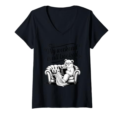 Damen My Weekend Is All Booked T-Shirt mit V-Ausschnitt von My Weekend Is All Booked Bear Reading