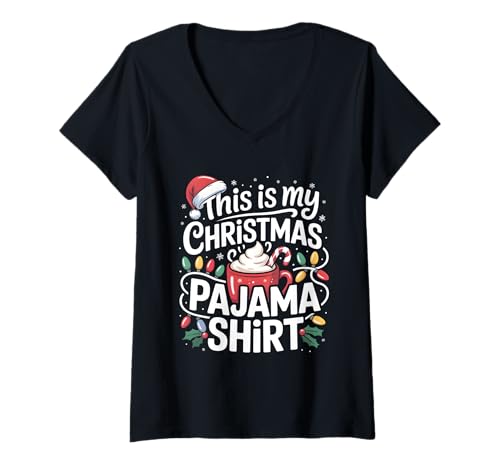 Damen This is My Christmas Pyjama-Shirt, Kakaotasse, Weihnachtsmannmütze T-Shirt mit V-Ausschnitt von My Xmas Pajama Shirt Men Women Kids Pjs
