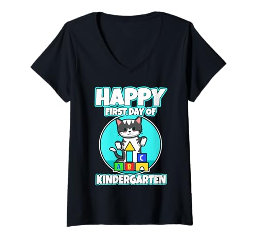 Damen Glücklicher erster Kindergartentag T-Shirt mit V-Ausschnitt Damen Glücklicher erster Kindergartentag T-Shirt mit V-Ausschnitt von My first day of daycare dinosaur Kindergarten kids