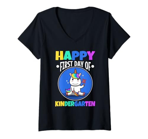 Damen Glücklicher erster Kindergartentag T-Shirt mit V-Ausschnitt Damen Glücklicher erster Kindergartentag T-Shirt mit V-Ausschnitt von My first day of daycare unicorn Kindergarten kids