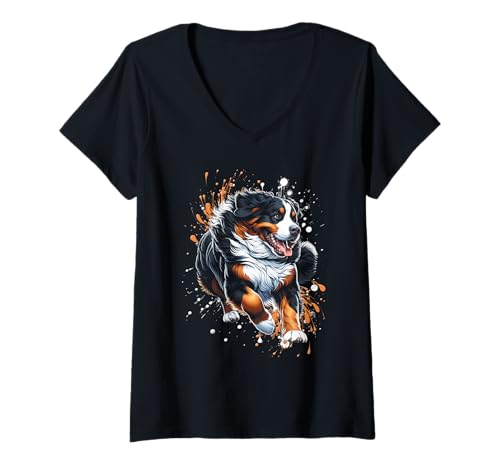 Damen Berner Sennenhund mit coolen Farbspritzern T-Shirt mit V-Ausschnitt Damen Berner Sennenhund mit coolen Farbspritzern T-Shirt mit V-Ausschnitt von MyAnimal - Berner Mountain Dog