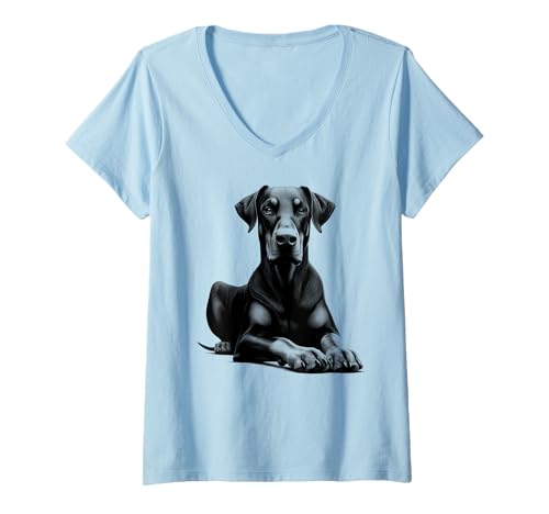 Damen Cooler Dobermann mit Schlappohren in liegender Pose T-Shirt mit V-Ausschnitt Damen Cooler Dobermann mit Schlappohren in liegender Pose T-Shirt mit V-Ausschnitt von MyAnimal - Doberman