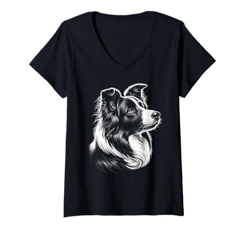 Damen Süßer Border Collie Kopf als schickes Porträt von der Seite T-Shirt mit V-Ausschnitt Damen Süßer Border Collie Kopf als schickes Porträt von der Seite T-Shirt mit V-Ausschnitt von MyAnimal - Border Collie