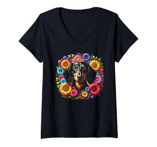 Damen Süßer Dackel mit bunten Blumen T-Shirt mit V-Ausschnitt von MyAnimal - Dachshund
