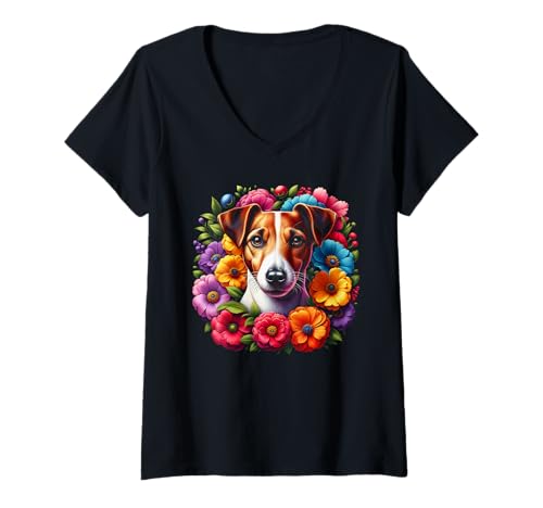 Damen Süßer Jack Russell Terrier in bunten Blumen T-Shirt mit V-Ausschnitt Damen Süßer Jack Russell Terrier in bunten Blumen T-Shirt mit V-Ausschnitt von MyAnimal - Jack Russell Terrier