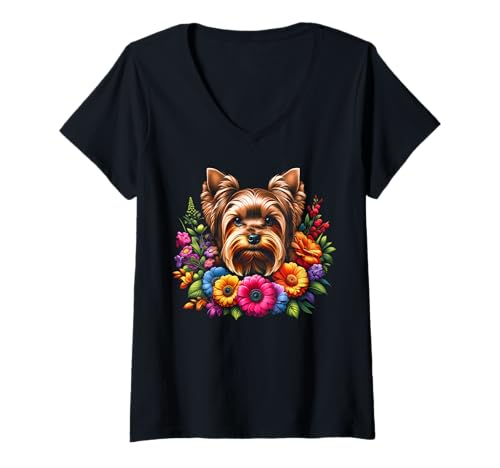 Damen Süßer Yorkshire Terrier als Porträt in bunten Blumen T-Shirt mit V-Ausschnitt Damen Süßer Yorkshire Terrier als Porträt in bunten Blumen T-Shirt mit V-Ausschnitt von MyAnimal - Yorkshire Terrier