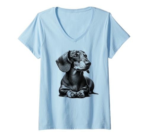 Damen Super süßer Dackel in liegender Pose als cooles Porträt T-Shirt mit V-Ausschnitt von MyAnimal - Dachshund