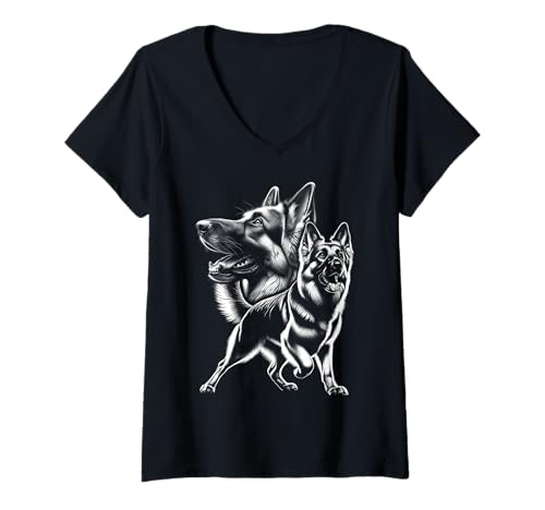 Damen Verspielter Deutscher Schäferhund als fein gezeichnetes Bild T-Shirt mit V-Ausschnitt Damen Verspielter Deutscher Schäferhund als fein gezeichnetes Bild T-Shirt mit V-Ausschnitt von MyAnimal - Shepherd