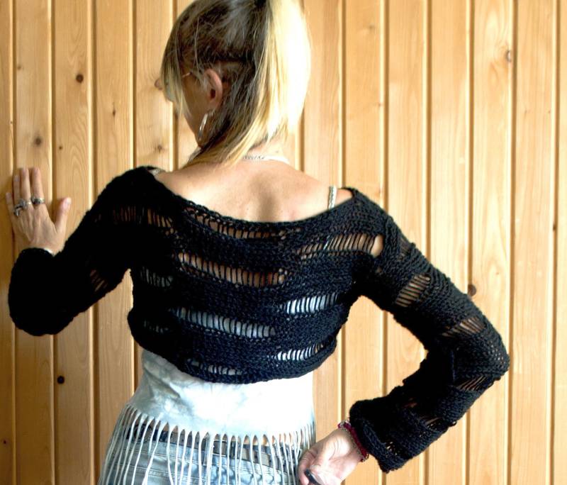 Beunruhigter Schwarzer Bolero Mit Shrug, Lockerer, Offener, Gestrickter Pullover Langen Ärmeln, Grunge 80Er Jahre Stil, Gender-Fluid Strick von MyAqua