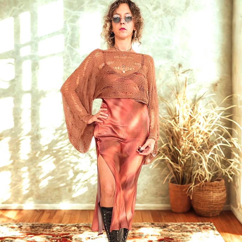 Brauner Mohair Sheer Shrug, Weite Ärmel Mesh Cover Up Strickwaren, Flowy Boho Cardigan, Batwing Drop Stitch Pullover, Damen Herbst Stil von MyAqua