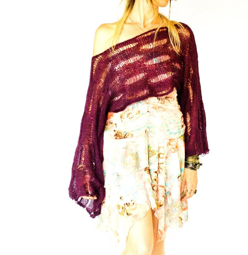 Dunkel Lila Leichter Cropped Pullover, Damen Durchsichtig Zarter Mohair Weite Ärmel Kurz Strick Top Von Myaqua von MyAqua