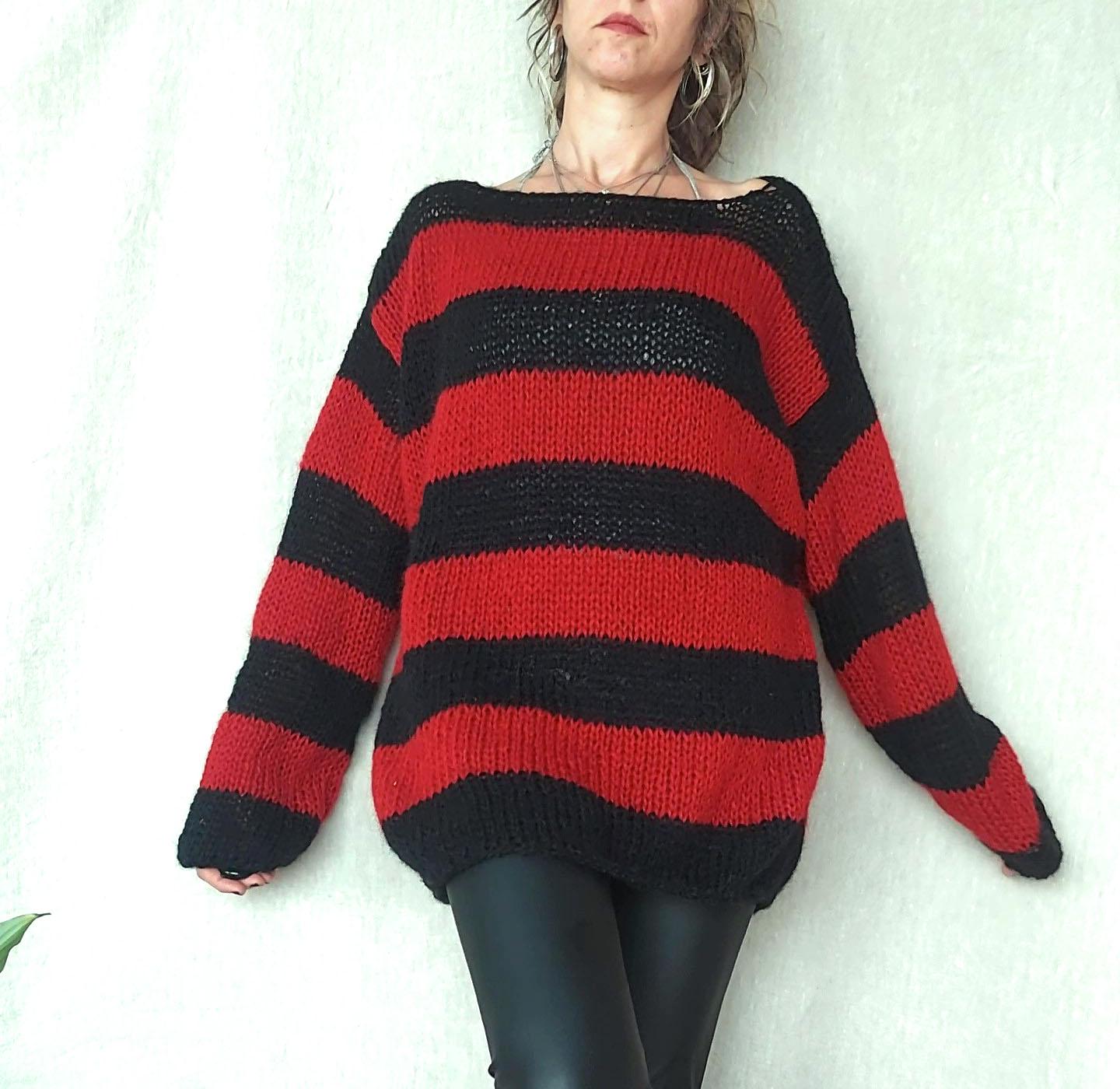 Mohair Pullover, 80Er Jahre Punk Style, Nonbinary, Rot Schwarz Gestreifter Grunge Kleidung, Unisex, Männer Pullover Von Myaqua von MyAqua