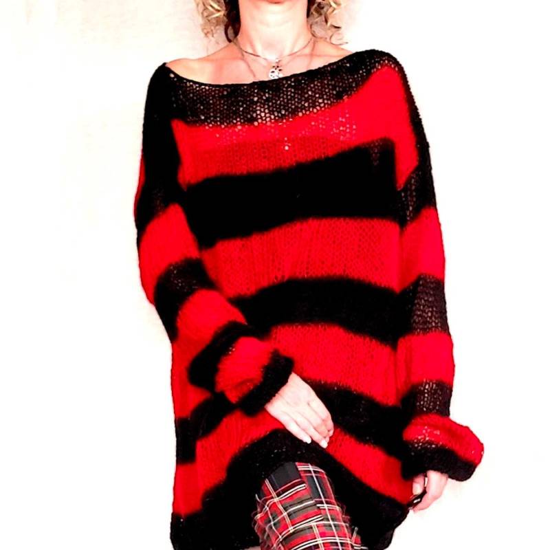 Rot Schwarz Gestreifter Baggy Pullover, 90Er Jahre Grunge Kleidung, Lockerer Mohair Oversize Strick Top, Damen/Herren Von Myaqua von MyAqua