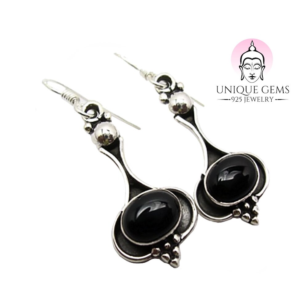 Unique Gems Exklusive Jugendstil Damen Ohrhänger Schwarzer Onyx Eingefasst in 925 Sterling Silber Nickelfrei 6.5 Karat Juweliers-Qualität von MyBeadFindings