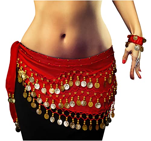 MyBeautyworld24 Belly Dance Bauchtanz Kostüm rot Hüfttuch inkl. EIN Paar Handketten Fasching Karneval Tanzaufführung von MyBeautyworld24