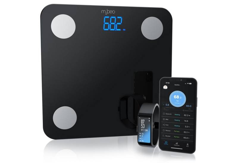 MyBeo Körper-Analyse-Waage Digitale Bluetooth Körperfettwaage, Diagnosewaage mit App-Steuerung, 1-tlg., Multifunktionswaage, BMI, Körperfett, Wasser & Muskelanteil, 5-180 kg von MyBeo