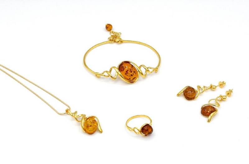 MyBer® Schmuckset Bernstein Schmuck Set Halskette Pendant Armband Ohrringe Ring (6-tlg), Ostseebernstein Damen Silber 925 vergoldet PMBER5_GOLD von MyBer®