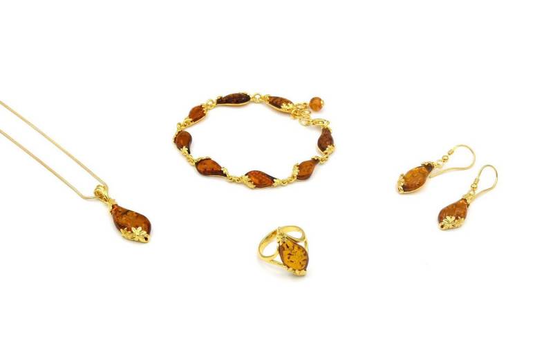 MyBer® Schmuckset Bernstein Schmuckset Armband Ohrringe Ring Pendant (6-tlg), Schmuck Set Damen Silber 925 vergoldet PMBER14_Gold von MyBer®