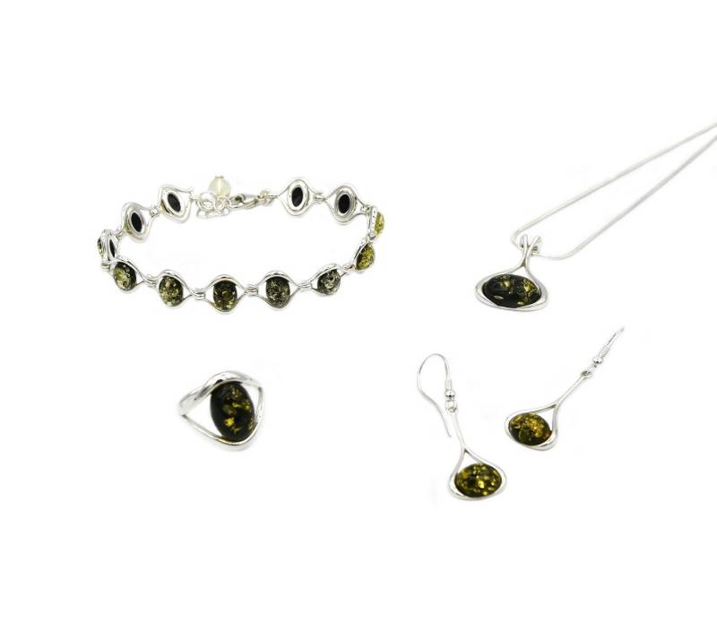 MyBer® Schmuckset Bernstein Set Halskette Pendant Armband Ohrringe Ring (6-tlg), Schmuck Set Damen Silber 925 grün silber PMBER11 von MyBer®
