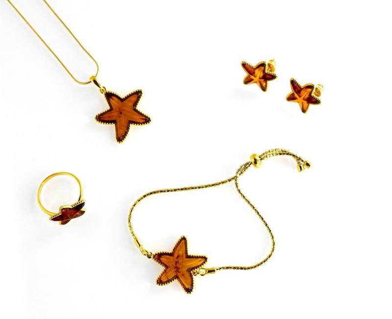 MyBer® Schmuckset Bernstein Set Halskette Pendant Armband Ohrringe Ring Seestern Stern (5-tlg), Damen Ostseebernstein Schmuck Set Silber 925 vergoldet PMBER75_GOLD von MyBer®